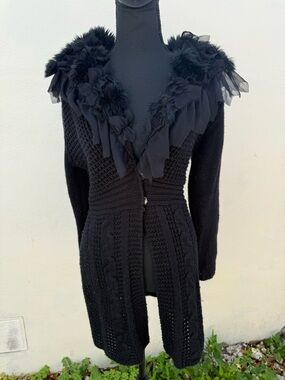 Cache Black Knit Cardigan with Ruffled Feather Trim